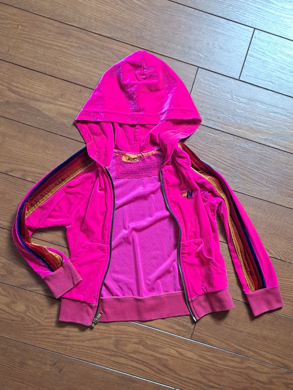 Aviator Nation Kids Neon Pink Velvet 5 Stripe Zip Hoodie Size 6 - Picture 5 of 10
